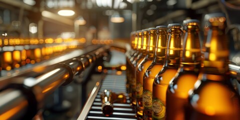 Fototapeta na wymiar conveyor belt with beer bottles at the factory Generative AI