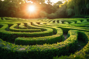 Enchanting Sunset Over Lush Green Garden Maze