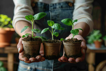 A woman holding three small plant pots with seedling - obrazy, fototapety, plakaty