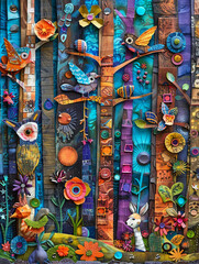 Crafty paper forest, vibrant fantasy animals, children's art style, rich colors, imaginative setting, layered depth