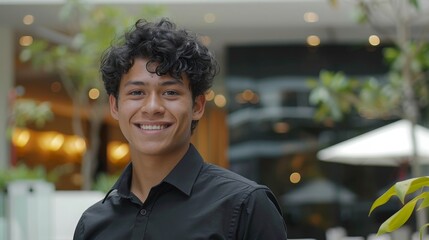 Smiling busy young latin business man manager using tablet computer, happy hispanic businessman executive looking at camera holding tab working standing in office. Portrait.