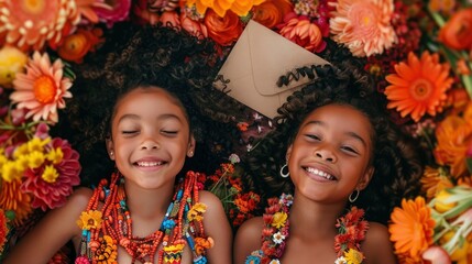 A fashion shoot of two happy smiling little black girls with big curly hair wearing colorful beaded necklaces and wildflowers in their braids, posing laying on the ground covered in flowers - obrazy, fototapety, plakaty