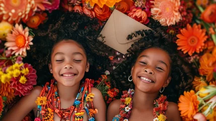 Fotobehang A fashion shoot of two happy smiling little black girls with big curly hair wearing colorful beaded necklaces and wildflowers in their braids, posing laying on the ground covered in flowers © CgDesign4U