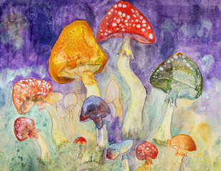 Psychedelic trippy magical mushrooms . The dabbing technique near the edges gives a soft focus effect due to the altered surface roughness of the paper. - 778918283