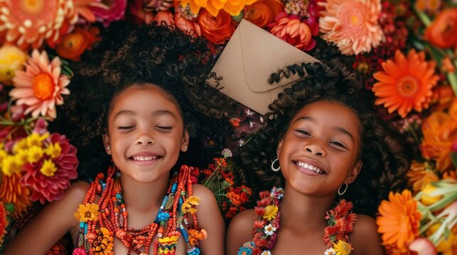 A fashion shoot of two happy smiling little black girls with big curly hair wearing colorful beaded necklaces and wildflowers in their braids, posing laying on the ground covered in flowers