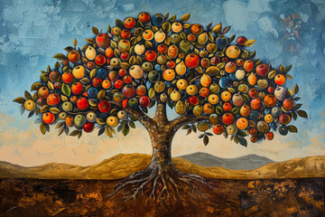 Colorful Apple Tree Painting on Textured Background