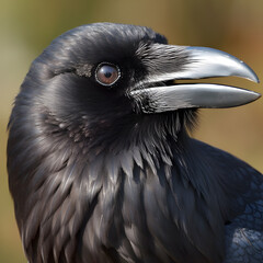 Fototapeta premium Head of black raven close-up. Intelligent bird in nature.