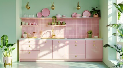 A kitchen with pink cabinets and light green walls, pink backsplash tiles, golden hardware, white countertop, gold legs, pink plates on shelves, retro style