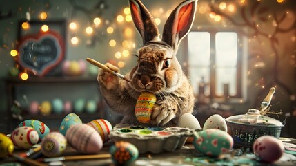 Rabbit paints Easter eggs - obrazy, fototapety, plakaty