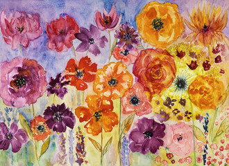 Wild watercolor flowers in a field. The dabbing technique near the edges gives a soft focus effect due to the altered surface roughness of the paper. - 778918889