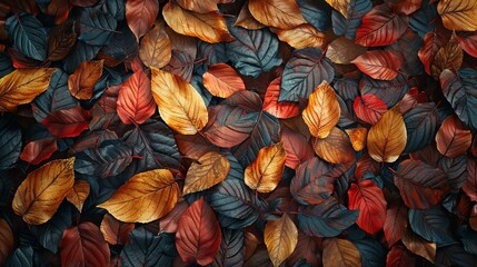 Random patterns of autumn leaves on forest floor, nature background, texture rich ,3DCG,high resulution,clean sharp focus