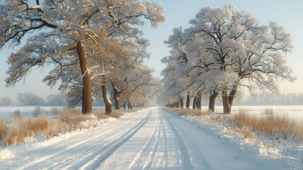   A snow-covered road lies between two fields, one lined with trees, the other open and white