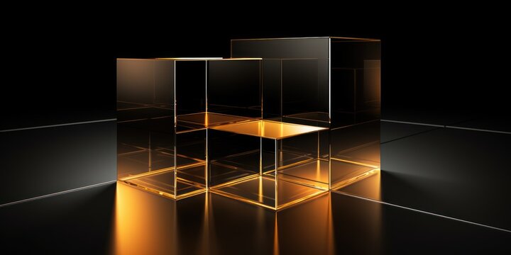 Gold glass cube abstract 3d render, on black background with copy space minimalism design for text or photo backdrop 