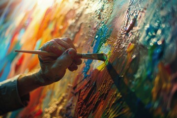 Artist's hand applying vibrant oil paints on canvas to create an abstract masterpiece.