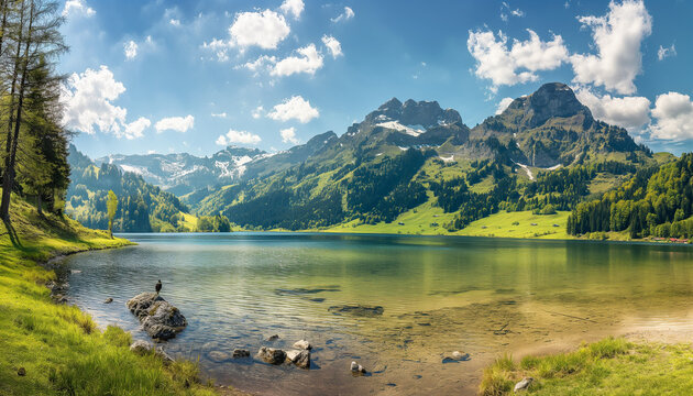 Lake in the mountains, peaceful landscape, beautiful reflective lake in the middle of huge mountains, morning bright blue sky