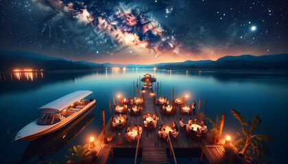 Lakeside dining experience under a starry sky, with a gentle nocturnal ambiance.
