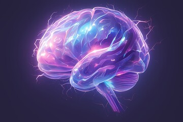 A human brain with lightning in purple and blue colors. 