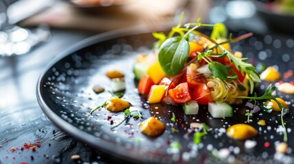 Discover the artful presentation of a plant-based gourmet dish in this close-up stock photo, capturing the essence of vegan culinary craftsmanship. - obrazy, fototapety, plakaty