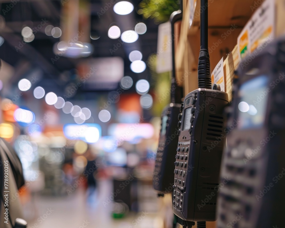 Poster close-up view of communication devices in action as a retail security team promptly responds to an e