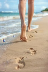 Fototapeta na wymiar female feet on the sand at the beach Generative AI
