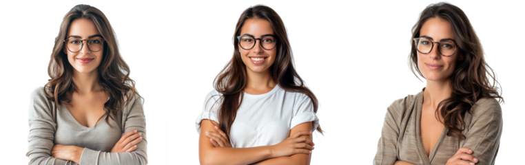 Smiling brunette woman in eyeglasses posing with crossed arms and looking
