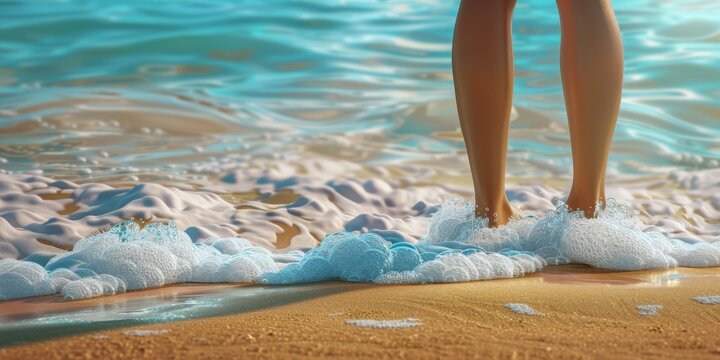 female feet on the sand at the beach Generative AI