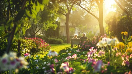 Obraz premium A serene morning in a lush garden retired couple enjoying coffee together