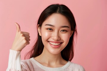 A young Asian woman in a casual top smiles brightly thumb up - Powered by Adobe