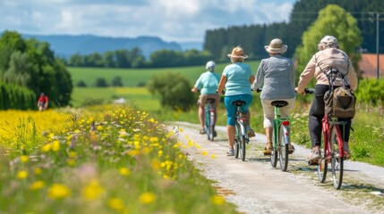 Active retirement lifestyle group of seniors bicycling on a picturesque country trail