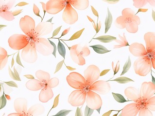 Fototapeta na wymiar Peach flower petals and leaves on white background seamless watercolor pattern spring floral backdrop 
