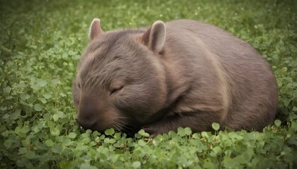 A Sleepy Wombat Dozing Off In A Patch Of Clover