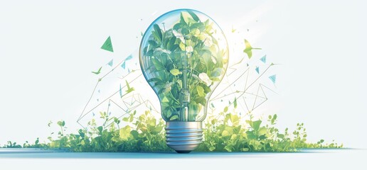 A light bulb with green plants inside, symbolizing ecofriendly energy and sustainable technology on a white background. 