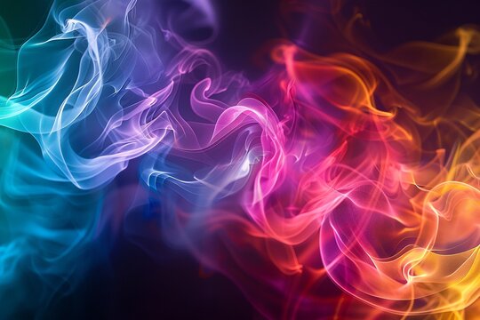 Vivid rainbow smoke tendrils curling, multicolored against a black background ,3DCG,high resulution,clean sharp focus