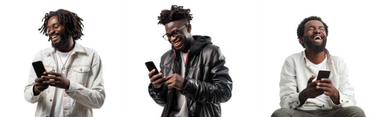 Joyful and carefree African-American man using smartphone