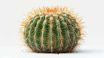   A green cactus with yellow needles on its head and a white wall in the background