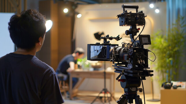 Realistic portrayal of a video production setup where a content creator is filming a DIY tutorial