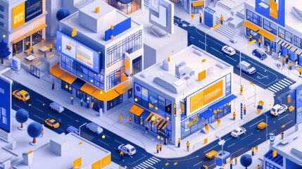 Stylized illustration of a vibrant bustling digital marketplace
