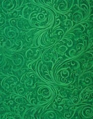 A close-up of a vibrant emerald green textile featuring elegant swirling patterns reminiscent of baroque or rococo styles.