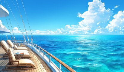 A luxury cruise ship's deck with lounge chairs, overlooking the ocean under clear blue skies. 
