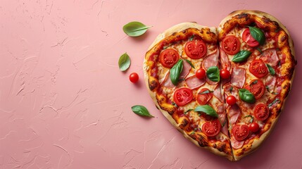 A heart-shaped pizza banner on a pink background. Horizontal photo with pizza top view with copy space.
