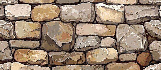 A detailed closeup of a rectangular stone wall made of various types of rocks including flagstone, brick, and cobblestone. The intricate pattern showcases the craftsmanship of the building material