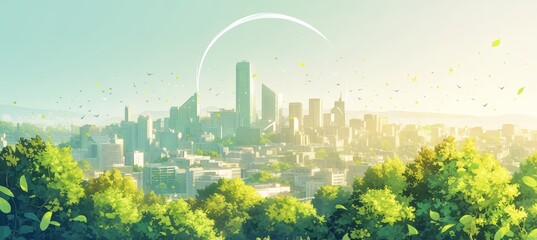A minimalist illustration of an urban skyline made from green leaf shapes, with buildings and skyscrapers composed of various shades of forest 