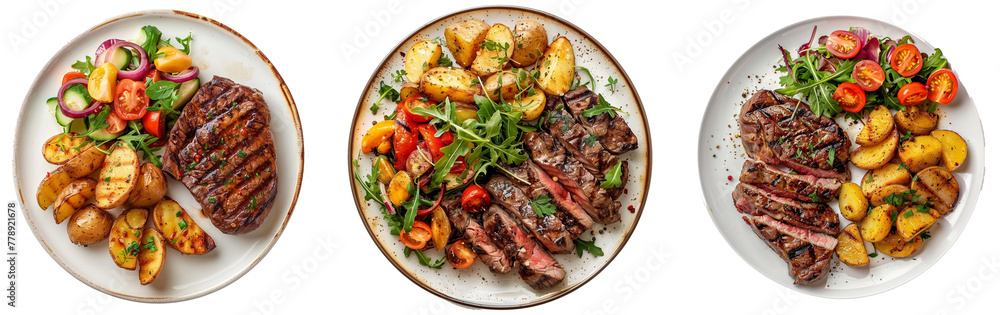 Poster top view of delicious grilled beef steak and rustic potatoes wedges with vegetable salad served