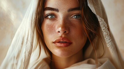 A portrait of an extremely beautiful woman with light brown hair and gray eyes, wearing white linen robes and a veil on her head, looking straight ahead - obrazy, fototapety, plakaty