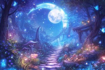 A path leading to the moon in an enchanted garden with mushrooms, flowers and butterflies. 