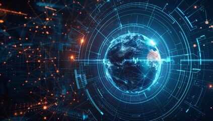 Obraz premium Planet Earth and Holographic Interface, Digital Orbits