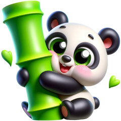 Animated panda bear happily hugging a large green bamboo stem with heart shapes floating around, isolated on white