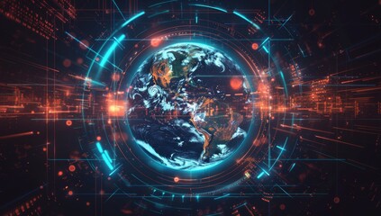 Obraz premium Planet Earth and Holographic Interface, Digital Orbits