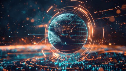Obraz premium Planet Earth and Holographic Interface, Digital Orbits