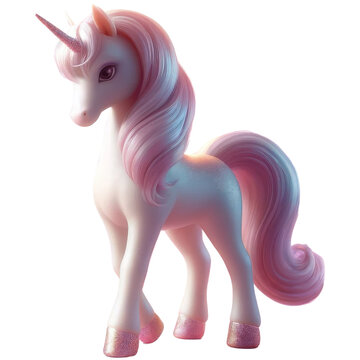 Elegant unicorn toy with a shimmering pink mane and tail, and glitter-covered hooves, standing in a graceful pose